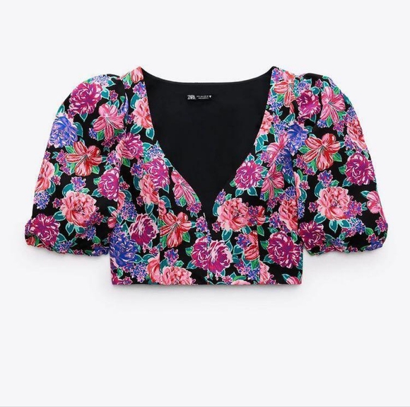 🆕Zara Floral Print Plunging Neckline Puffy Shoulder Crop Top Size Small - Picture 4 of 10
